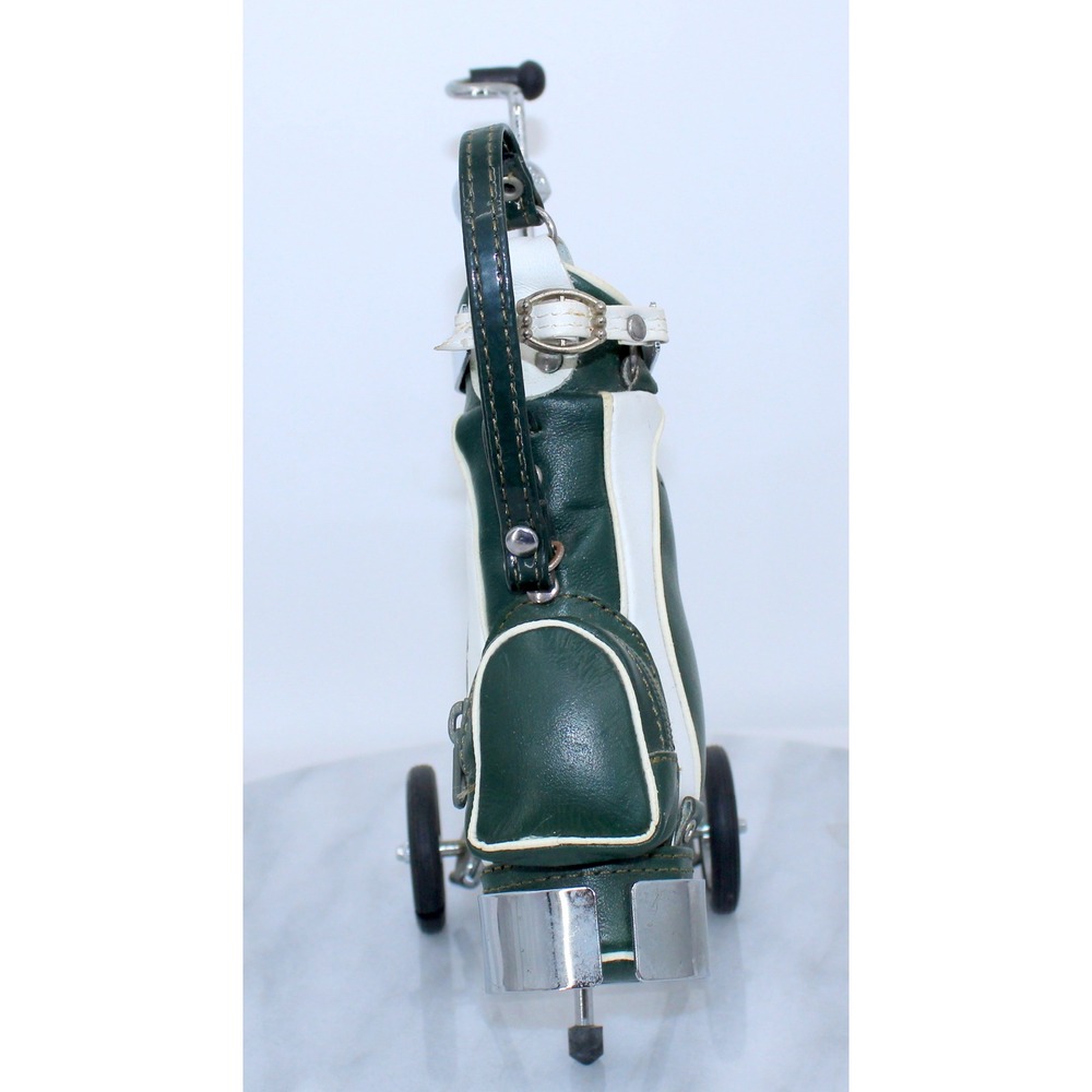Vintage Miniature Golf Bag Desk Pen Holder Set Green White Chrome Pull Cart - Picture 4 of 5